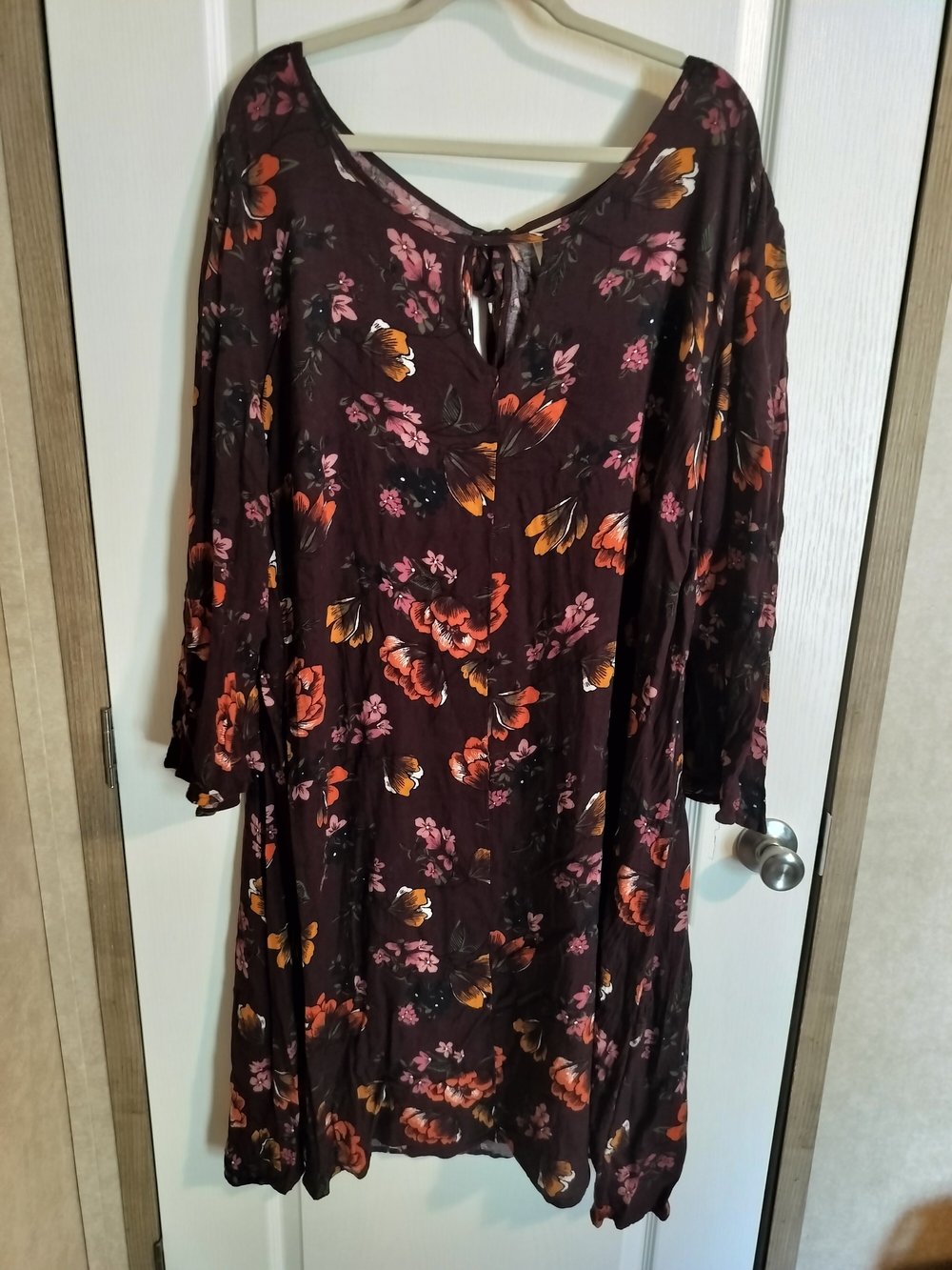 Terra & Sky Plum Floral Long-Sleeve Tie-Front Swing Dress - Size 3X